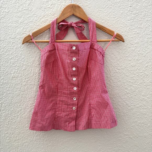 Vintage Y2K Trina Turk Red Gingham Button Up Halter Top - Picture 1 of 5